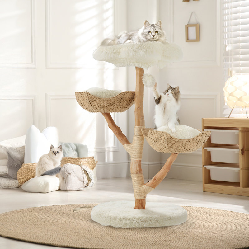 Natural Wood Cat Tower With Hand woven Baskets And Scratching Post Cute Cat Tree For Indoor Cats White